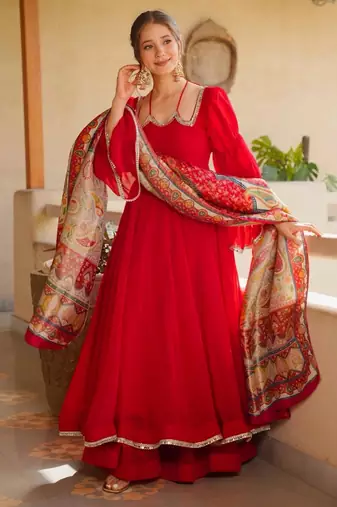 Red silk blend lace anarkali set