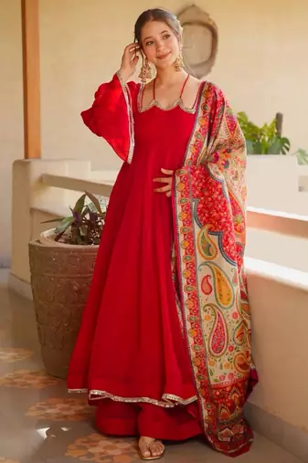 Red silk blend lace anarkali set
