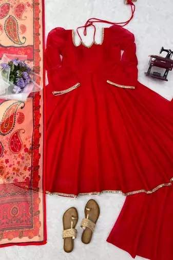 Red silk blend lace anarkali set