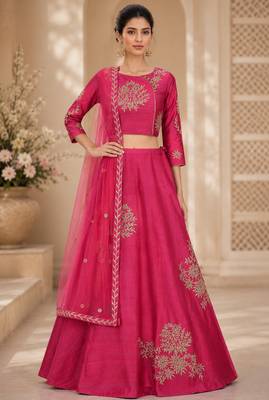 Pink Silk Blend Printed Crop Top Lehengas 1