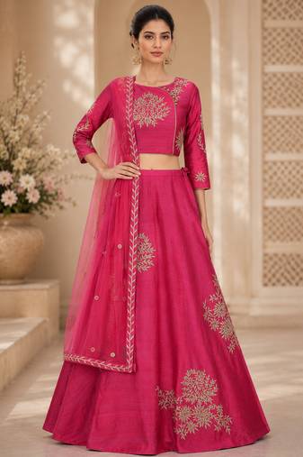 Pink Silk Blend Printed Crop Top Lehengas