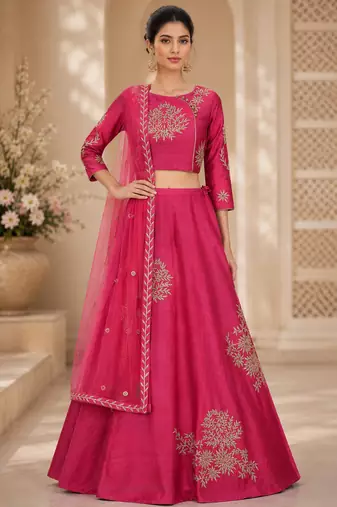 Pink Silk Blend Printed Crop Top Lehengas