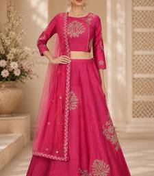 Pink Silk Blend Printed Crop Top Lehengas