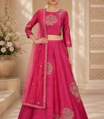 Pink Silk Blend Printed Crop Top Lehengas