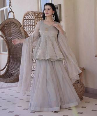 Grey silk blend embroidered palazzo set 1