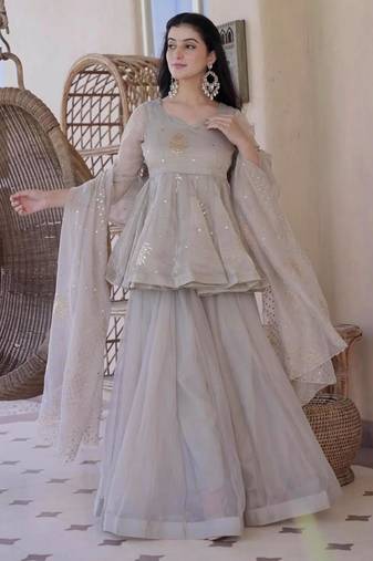 Grey silk blend embroidered palazzo set