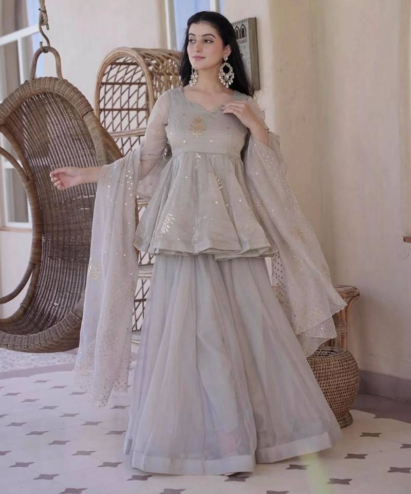 Grey silk blend embroidered palazzo set