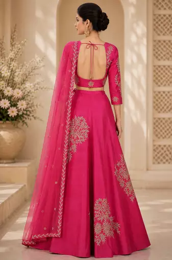Pink Silk Blend Printed Crop Top Lehengas