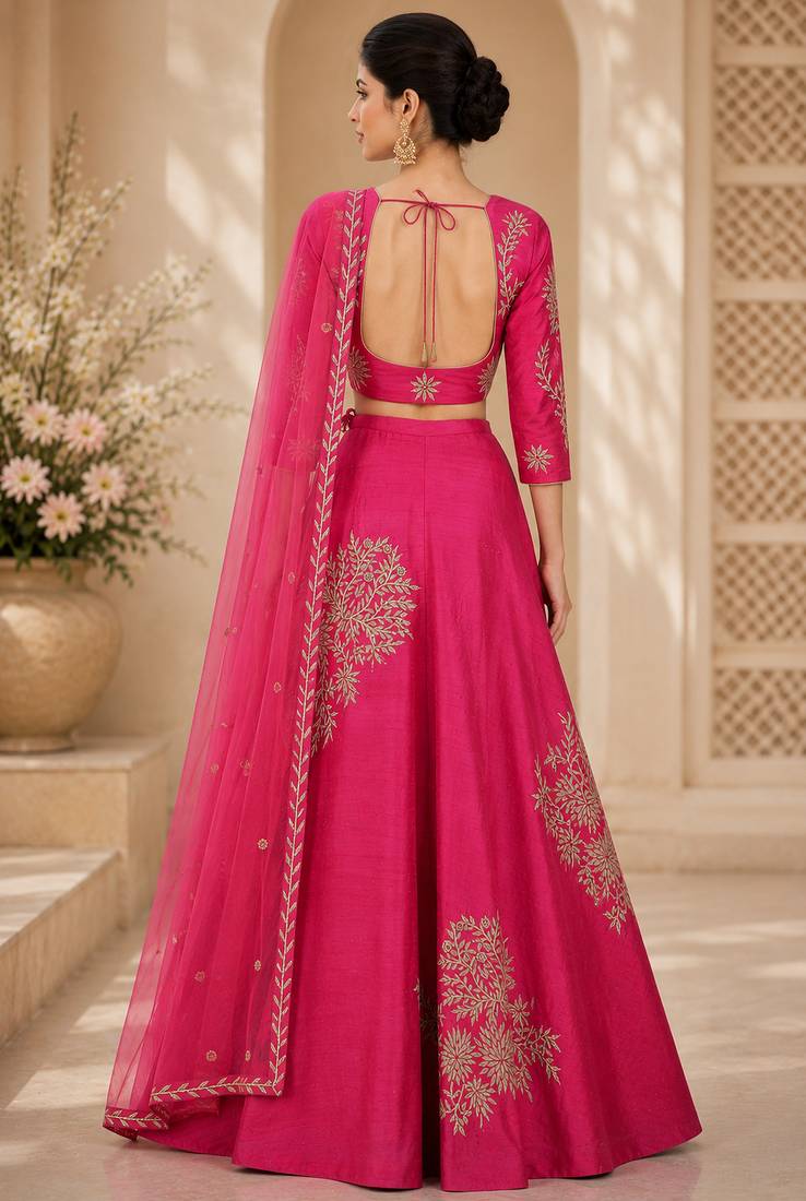 Pink Silk Blend Printed Crop Top Lehengas