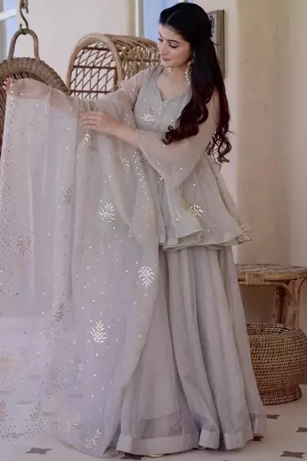 Grey silk blend embroidered palazzo set