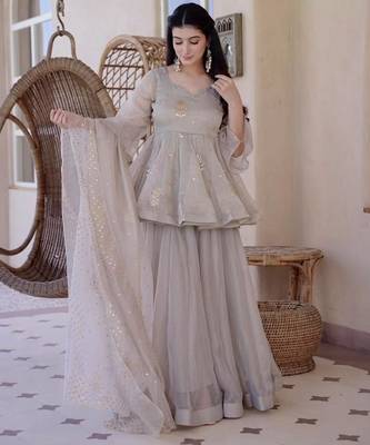 Grey silk blend embroidered palazzo set 3