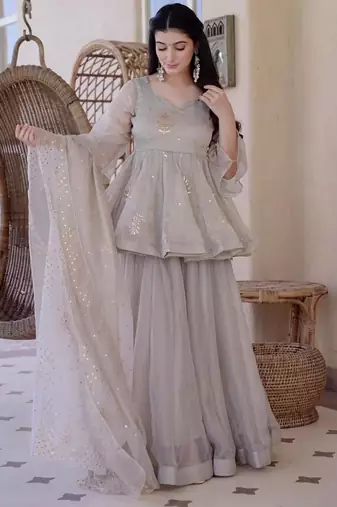 Grey silk blend embroidered palazzo set