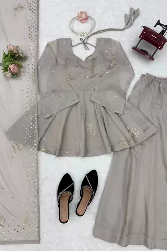 Grey silk blend embroidered palazzo set