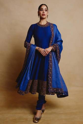 Royal-blue silk blend thread embroidery anarkali set