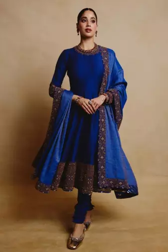 Royal-blue silk blend thread embroidery anarkali set