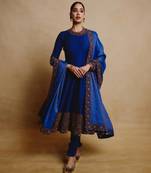 Royal-blue silk blend thread embroidery anarkali set