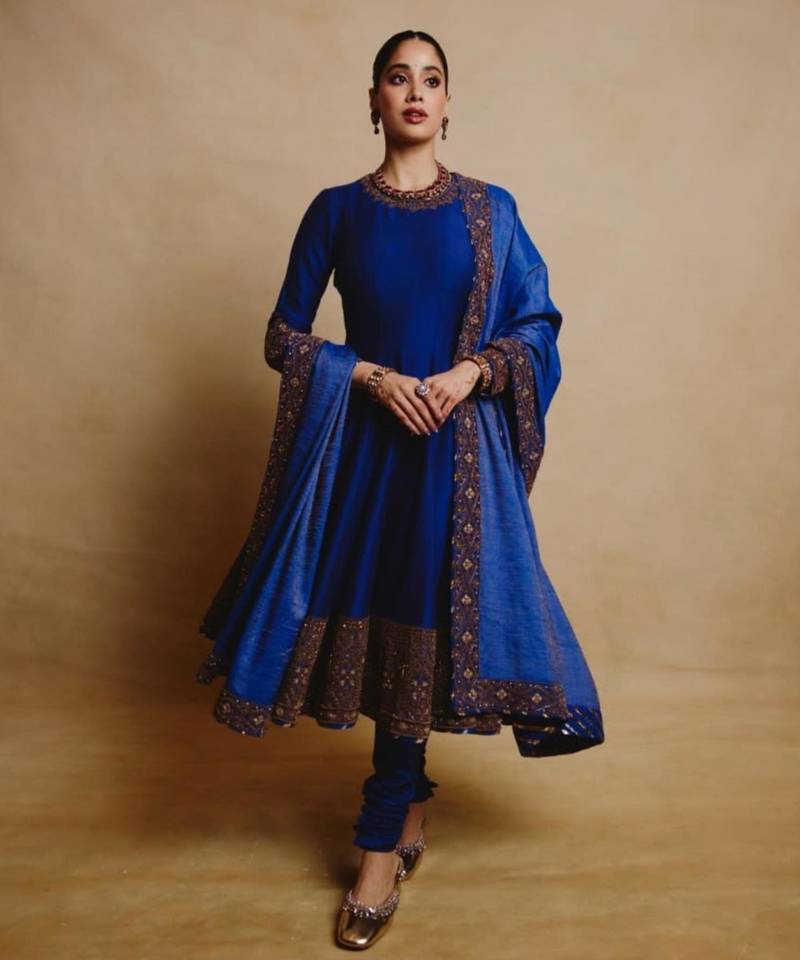 Royal-blue silk blend thread embroidery anarkali set