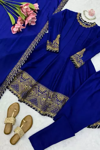 Royal-blue silk blend thread embroidery anarkali set