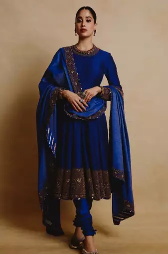 Royal-blue silk blend thread embroidery anarkali set