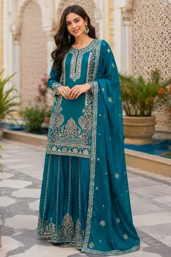 Teal-blue silk blend embroidered palazzo set