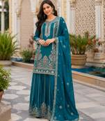 Teal-blue silk blend embroidered palazzo set
