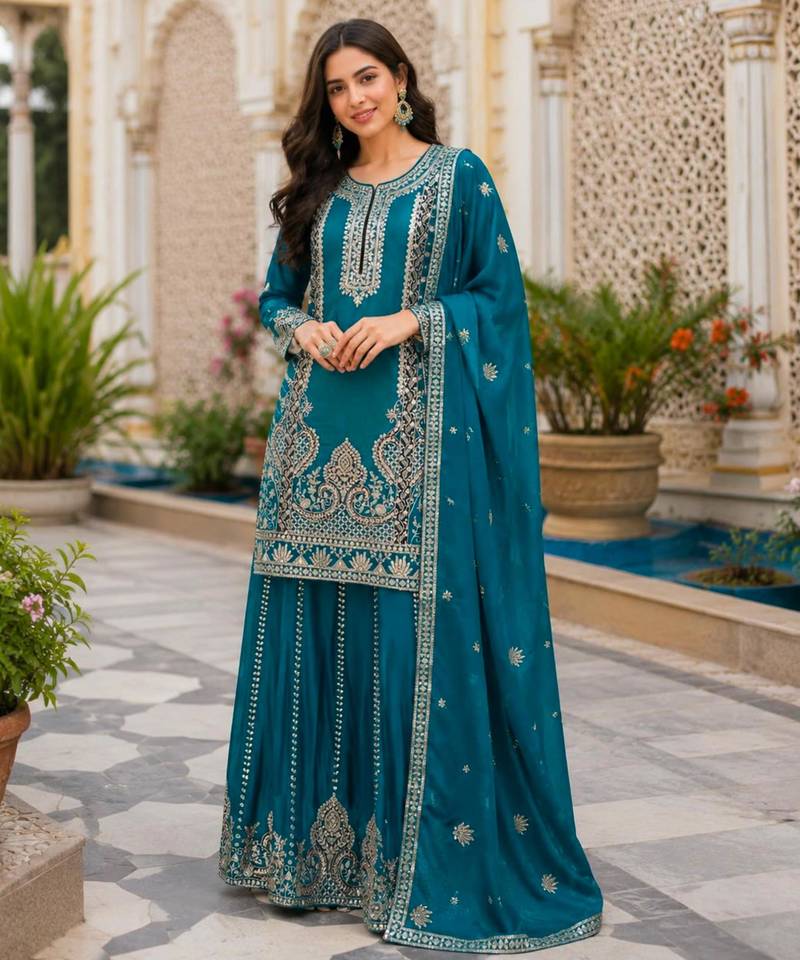 Teal-blue silk blend embroidered palazzo set