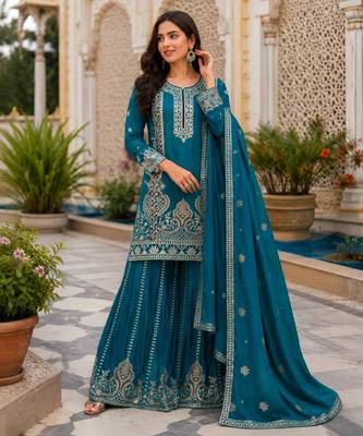 Teal-blue silk blend embroidered palazzo set 2
