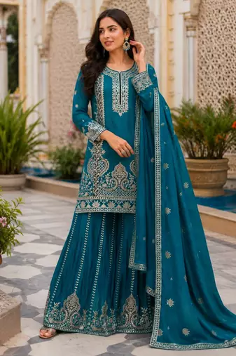 Teal-blue silk blend embroidered palazzo set