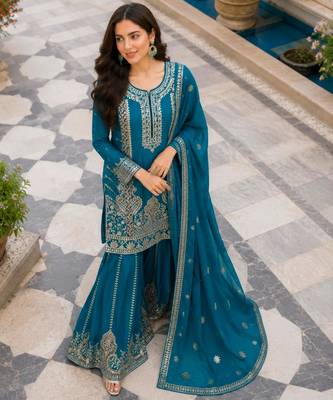 Teal-blue silk blend embroidered palazzo set 3