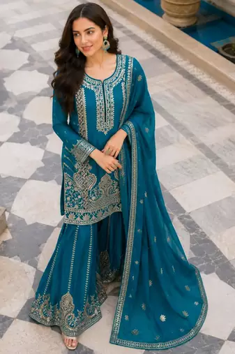 Teal-blue silk blend embroidered palazzo set