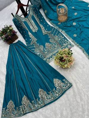 Teal-blue silk blend embroidered palazzo set 4