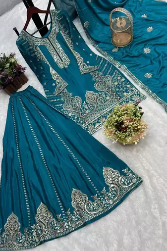 Teal-blue silk blend embroidered palazzo set