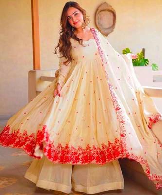 Beige silk blend embroidered anarkali set 1