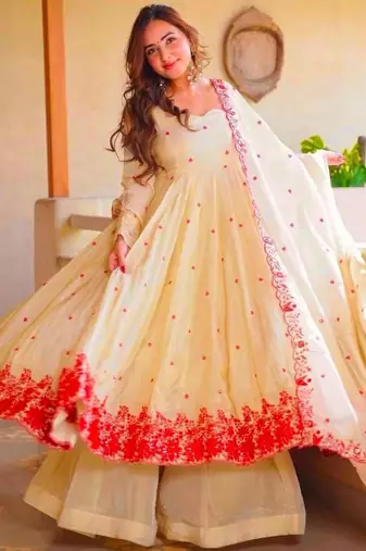 Beige silk blend embroidered anarkali set