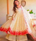 Beige silk blend embroidered anarkali set