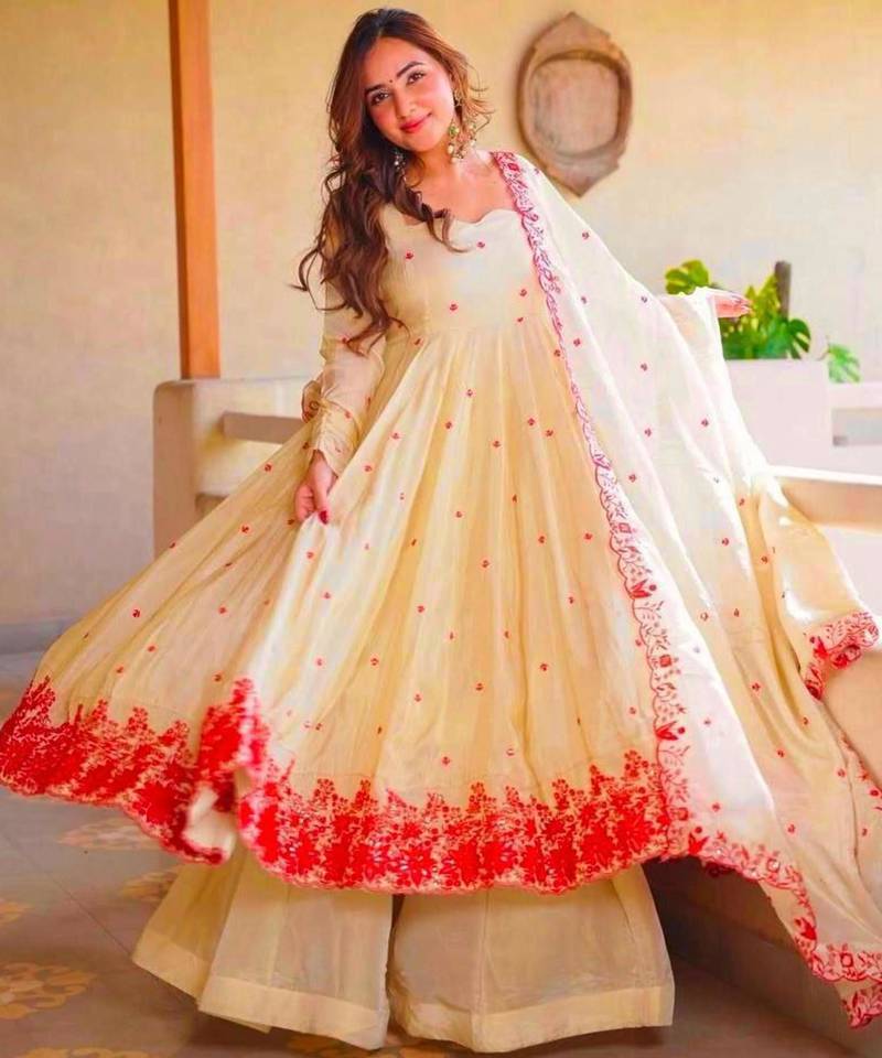 Beige silk blend embroidered anarkali set