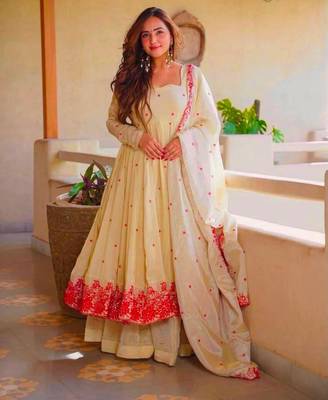 Beige silk blend embroidered anarkali set 2