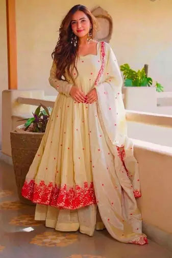 Beige silk blend embroidered anarkali set