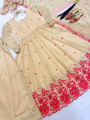 Beige silk blend embroidered anarkali set 3