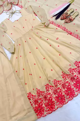 Beige silk blend embroidered anarkali set