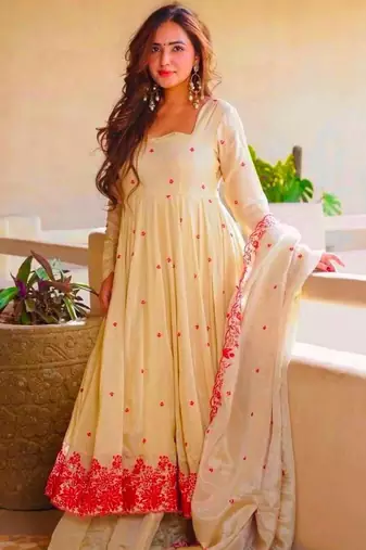 Beige silk blend embroidered anarkali set