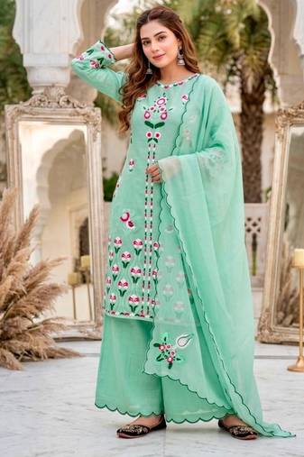 Green silk blend embroidered palazzo set