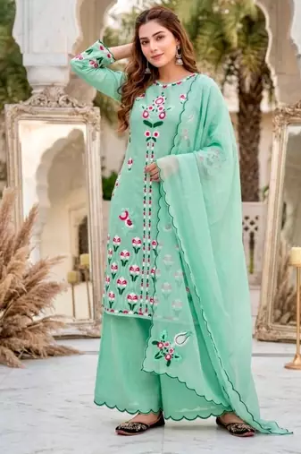 Green silk blend embroidered palazzo set