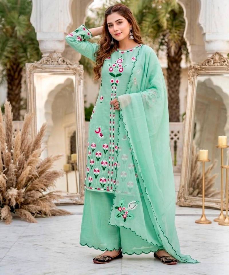 Green silk blend embroidered palazzo set