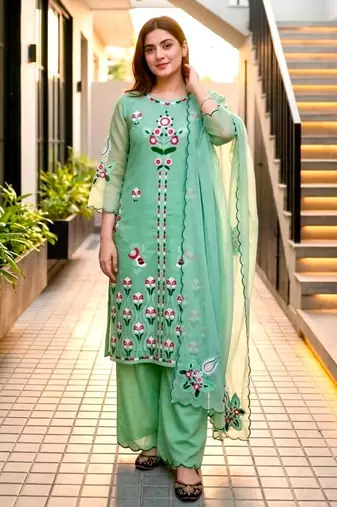 Green silk blend embroidered palazzo set