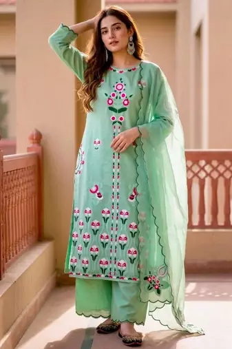 Green silk blend embroidered palazzo set