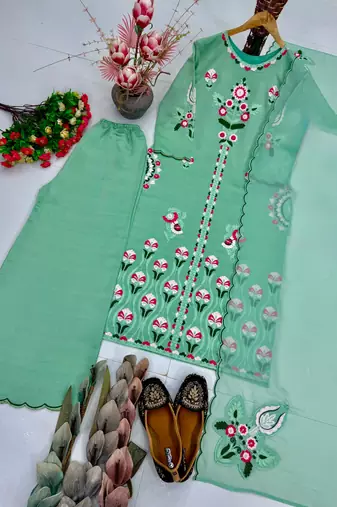 Green silk blend embroidered palazzo set
