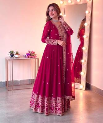 Red georgette embroidered flared gown set 1