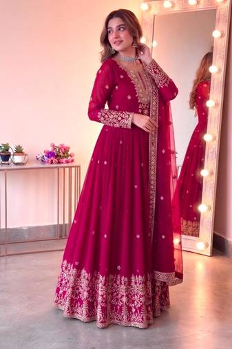 Red georgette embroidered flared gown set