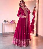 Red georgette embroidered flared gown set